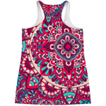 Pink Teal Bohemian Mandala Pattern Print Women's Racerback Tank Top