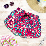 Pink Teal Bohemian Mandala Pattern Print Women's Shorts