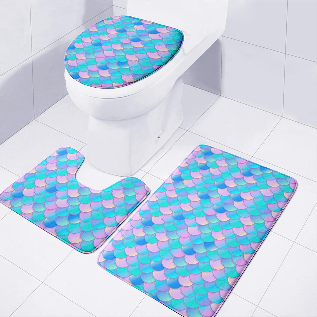 Pink Teal Mermaid Scales Pattern Print 3 Piece Bath Mat Set