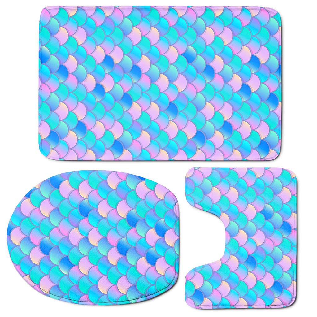 Pink Teal Mermaid Scales Pattern Print 3 Piece Bath Mat Set