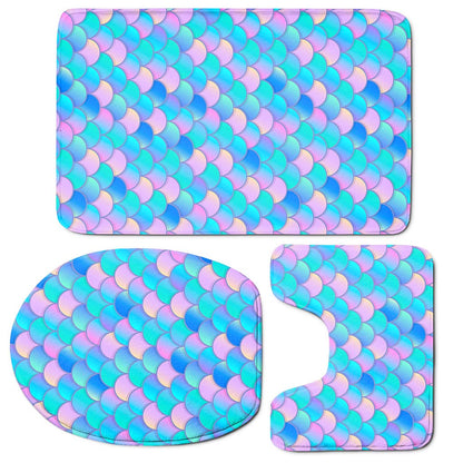 Pink Teal Mermaid Scales Pattern Print 3 Piece Bath Mat Set