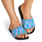 Pink Teal Mermaid Scales Pattern Print Black Slide Sandals