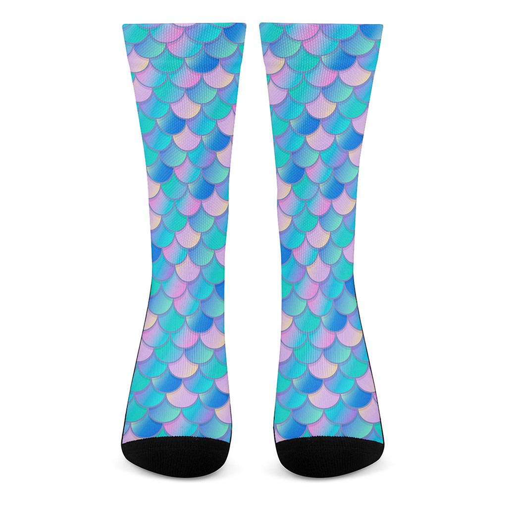 Pink Teal Mermaid Scales Pattern Print Crew Socks