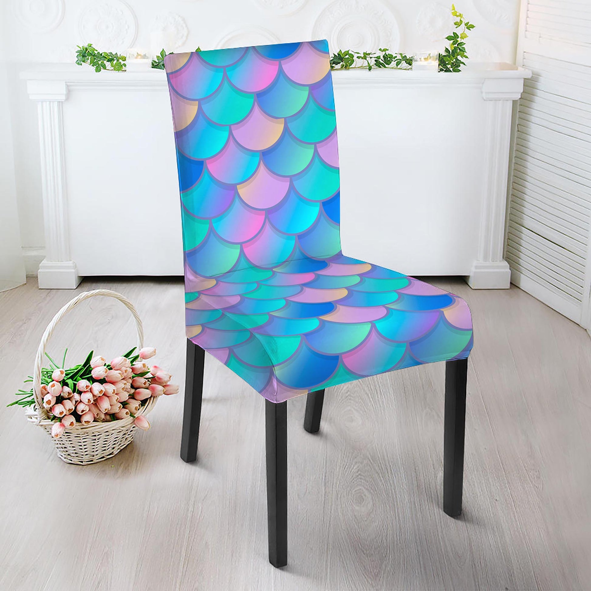 Pink Teal Mermaid Scales Pattern Print Dining Chair Slipcover
