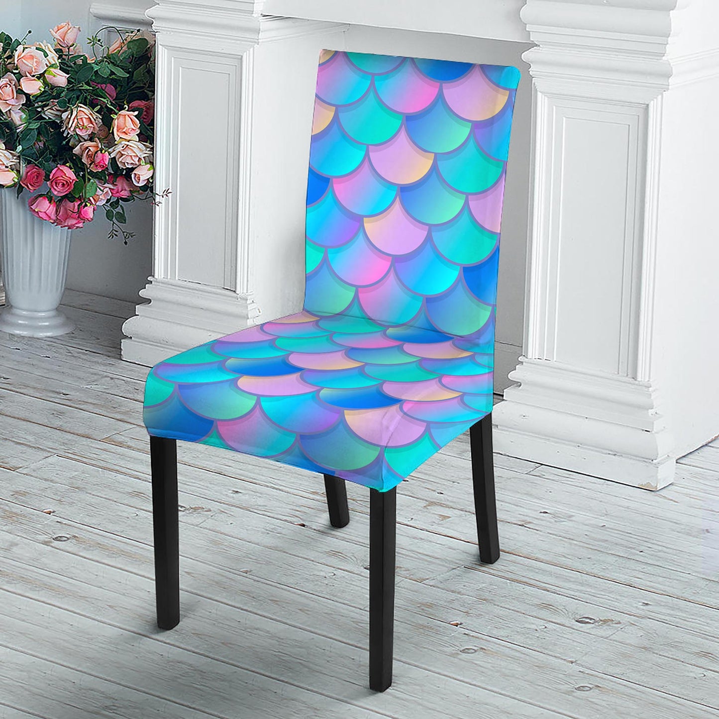 Pink Teal Mermaid Scales Pattern Print Dining Chair Slipcover