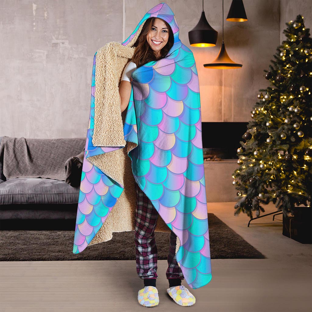 Pink Teal Mermaid Scales Pattern Print Hooded Blanket