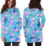 Pink Teal Mermaid Scales Pattern Print Hoodie Dress GearFrost
