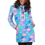 Pink Teal Mermaid Scales Pattern Print Hoodie Dress GearFrost
