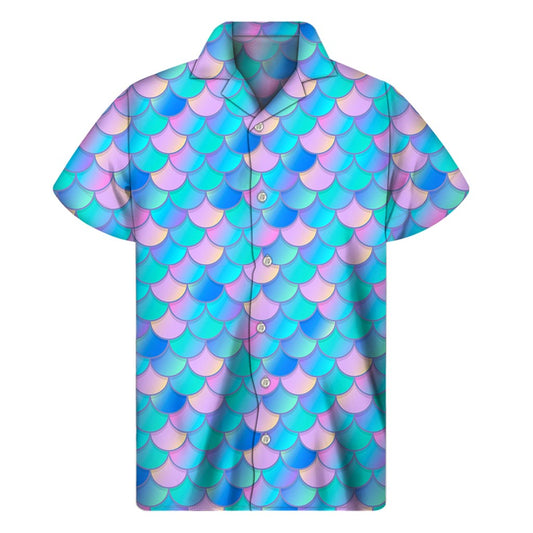 Pink Teal Mermaid Scales Pattern Print Men's Short Sleeve Shirt
