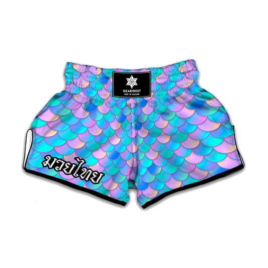 Pink Teal Mermaid Scales Pattern Print Muay Thai Boxing Shorts