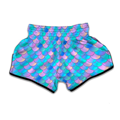 Pink Teal Mermaid Scales Pattern Print Muay Thai Boxing Shorts