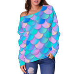 Pink Teal Mermaid Scales Pattern Print Off Shoulder Sweatshirt GearFrost