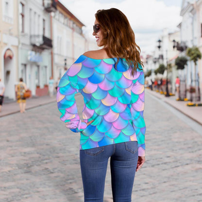 Pink Teal Mermaid Scales Pattern Print Off Shoulder Sweatshirt GearFrost