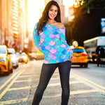 Pink Teal Mermaid Scales Pattern Print Off Shoulder Sweatshirt GearFrost