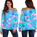Pink Teal Mermaid Scales Pattern Print Off The Shoulder Sweatshirt