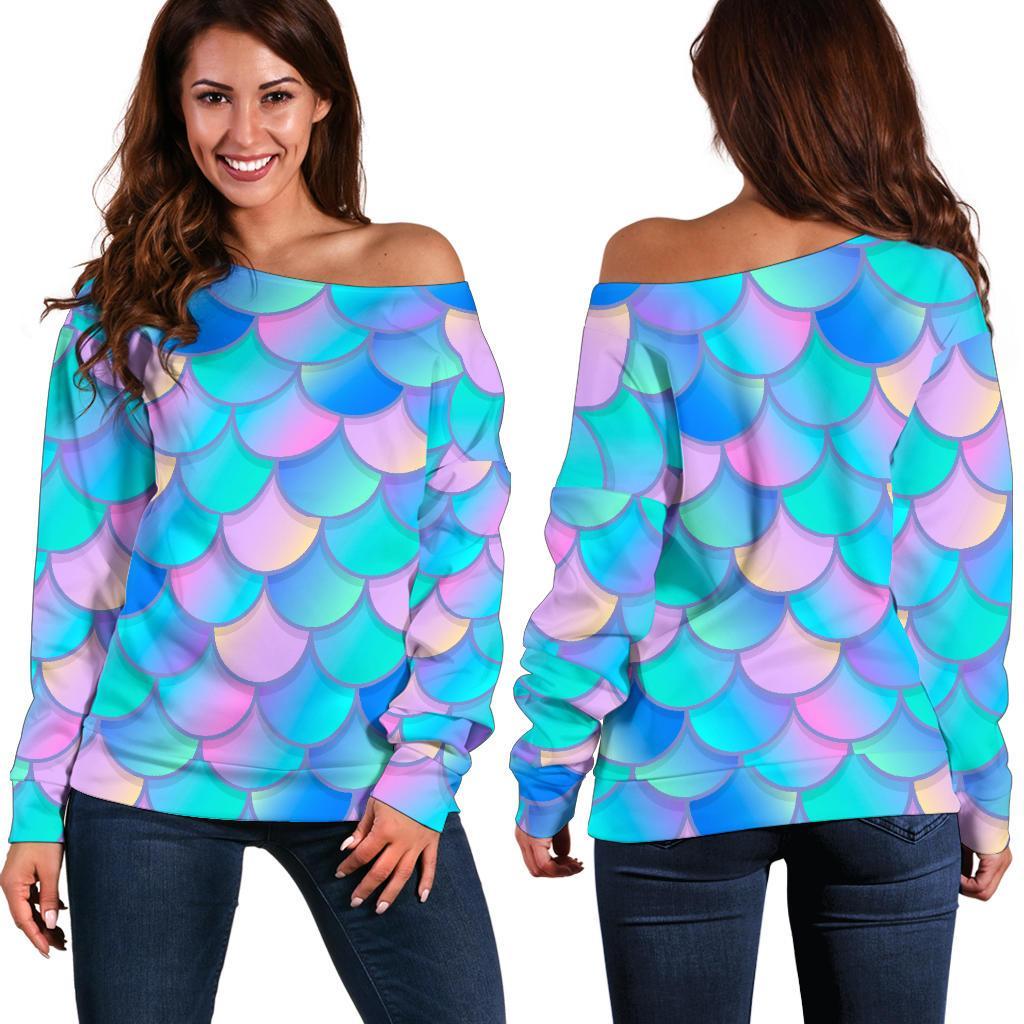 Pink Teal Mermaid Scales Pattern Print Off Shoulder Sweatshirt GearFrost