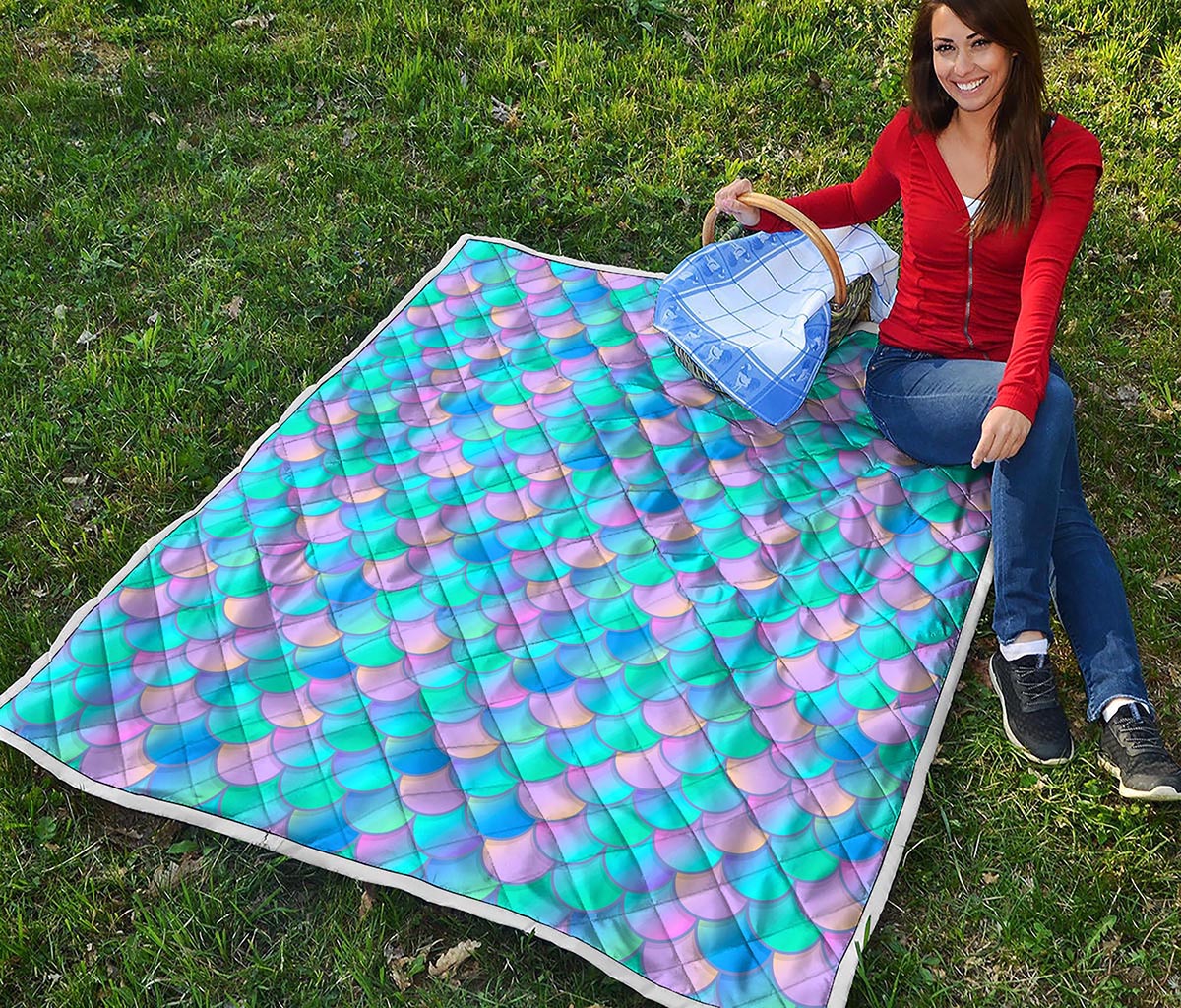 Pink Teal Mermaid Scales Pattern Print Quilt