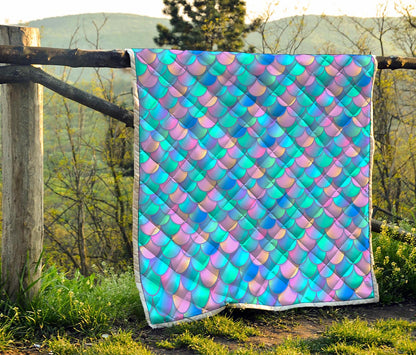 Pink Teal Mermaid Scales Pattern Print Quilt