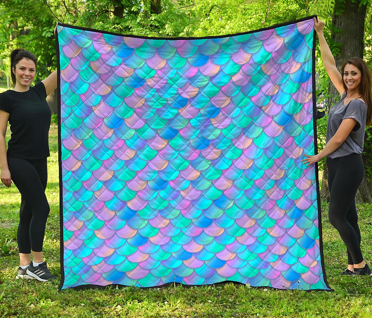 Pink Teal Mermaid Scales Pattern Print Quilt