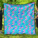Pink Teal Mermaid Scales Pattern Print Quilt