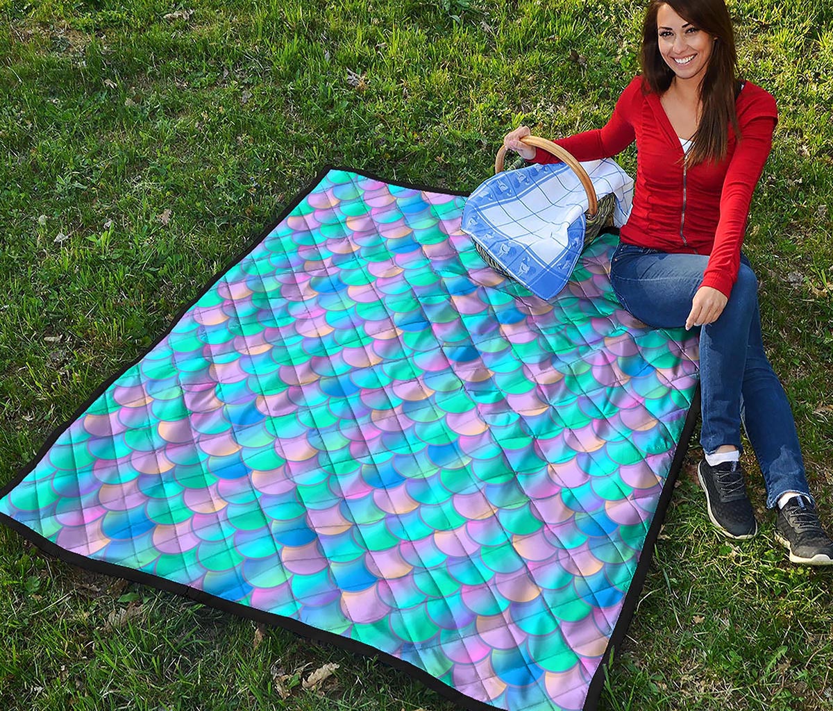 Pink Teal Mermaid Scales Pattern Print Quilt