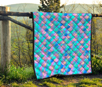 Pink Teal Mermaid Scales Pattern Print Quilt
