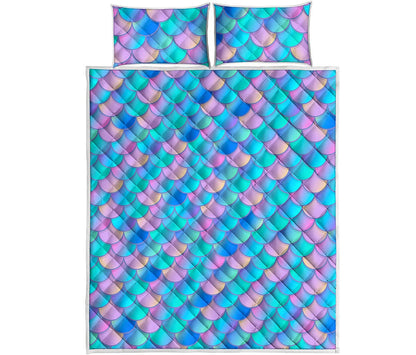 Pink Teal Mermaid Scales Pattern Print Quilt Bed Set