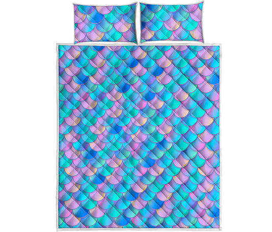 Pink Teal Mermaid Scales Pattern Print Quilt Bed Set