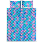 Pink Teal Mermaid Scales Pattern Print Quilt Bed Set
