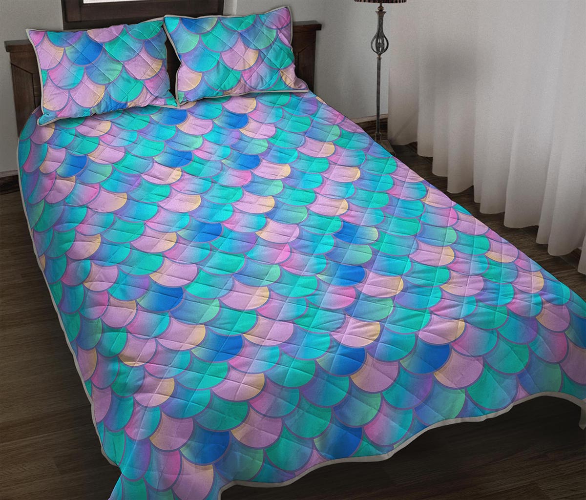 Pink Teal Mermaid Scales Pattern Print Quilt Bed Set