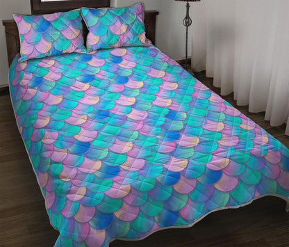 Pink Teal Mermaid Scales Pattern Print Quilt Bed Set
