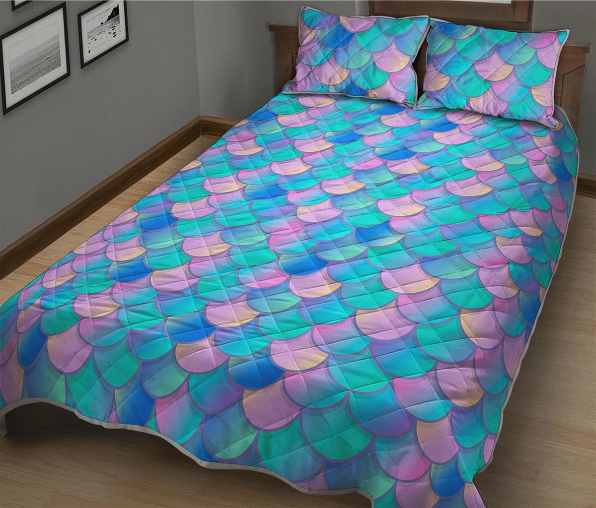 Pink Teal Mermaid Scales Pattern Print Quilt Bed Set