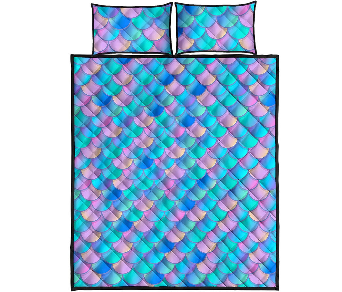 Pink Teal Mermaid Scales Pattern Print Quilt Bed Set