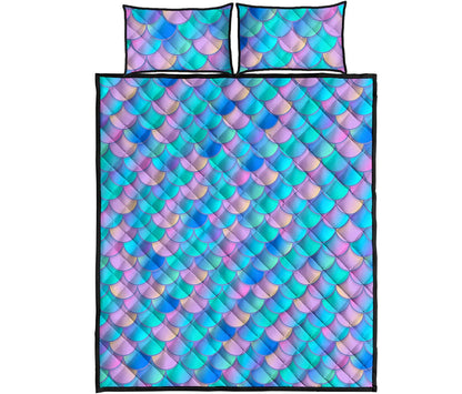 Pink Teal Mermaid Scales Pattern Print Quilt Bed Set