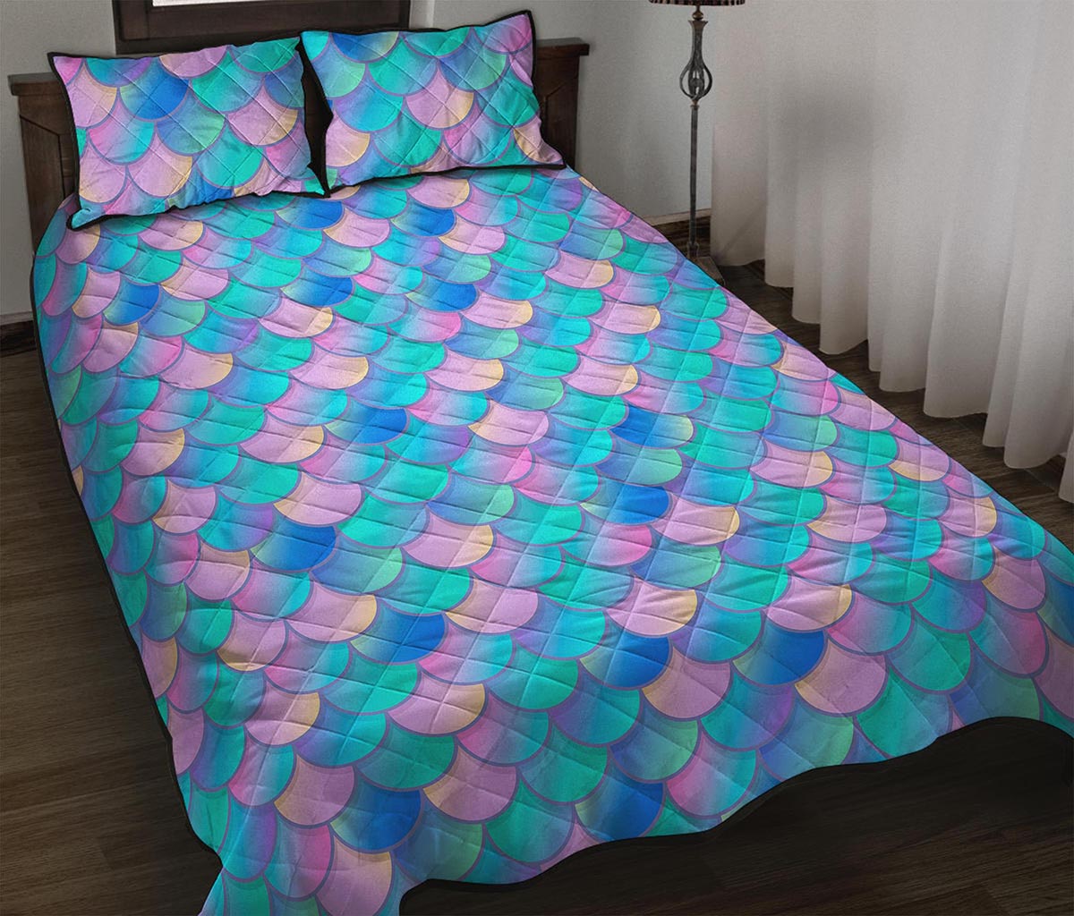 Pink Teal Mermaid Scales Pattern Print Quilt Bed Set