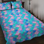 Pink Teal Mermaid Scales Pattern Print Quilt Bed Set