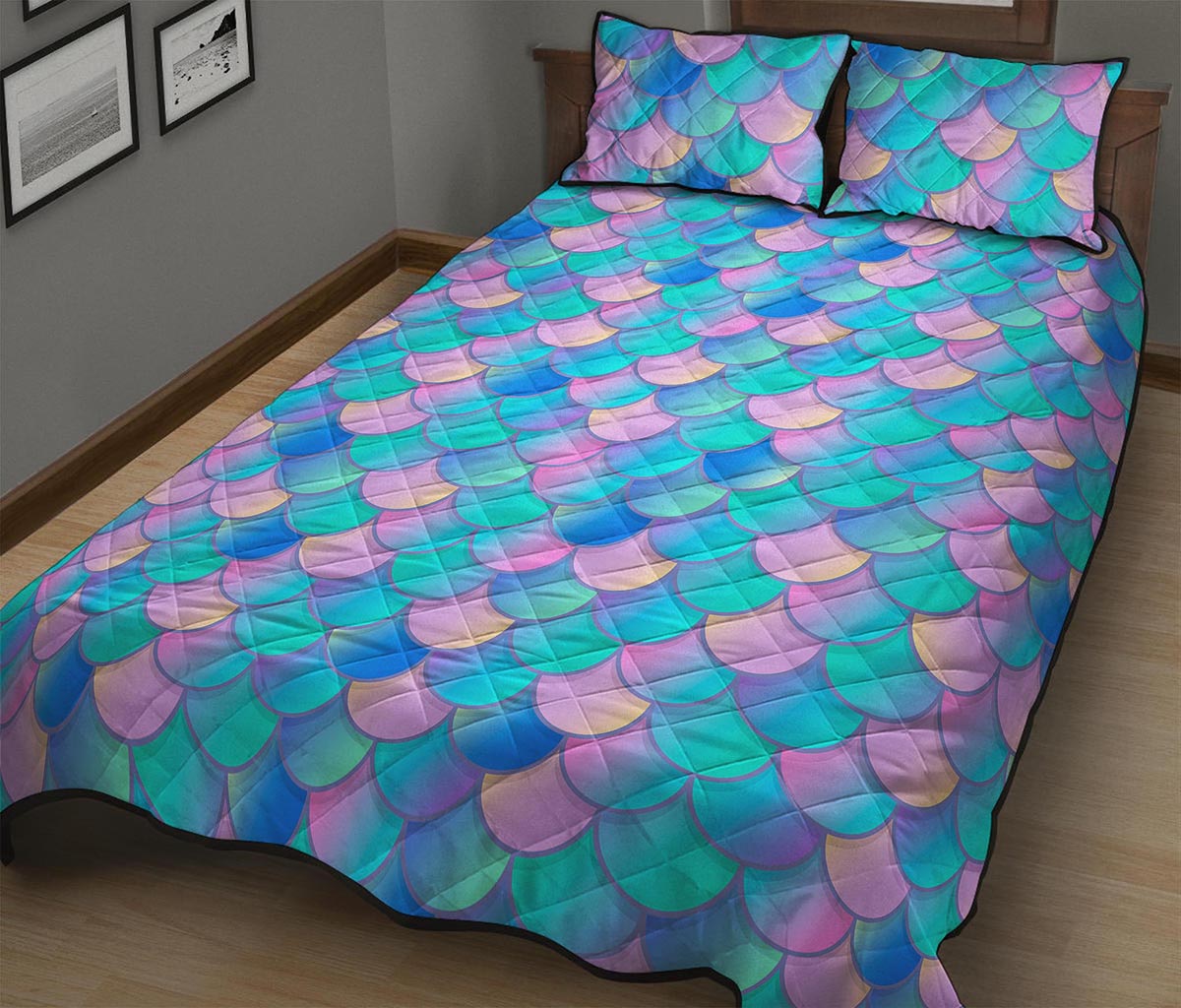 Pink Teal Mermaid Scales Pattern Print Quilt Bed Set