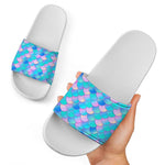 Pink Teal Mermaid Scales Pattern Print White Slide Sandals