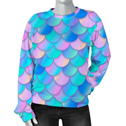 Pink Teal Mermaid Scales Pattern Print Women's Crewneck Sweatshirt GearFrost
