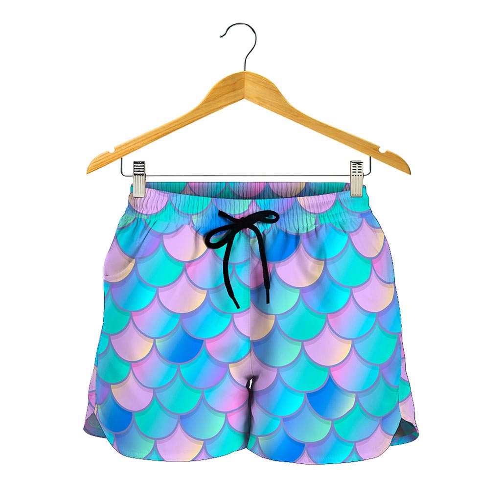 Pink Teal Mermaid Scales Pattern Print Women's Shorts