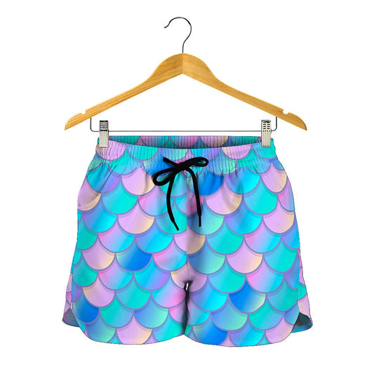 Pink Teal Mermaid Scales Pattern Print Women's Shorts