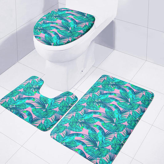 Pink Teal Tropical Leaf Pattern Print 3 Piece Bath Mat Set