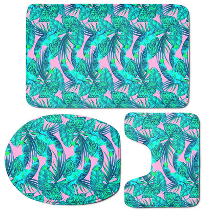 Pink Teal Tropical Leaf Pattern Print 3 Piece Bath Mat Set
