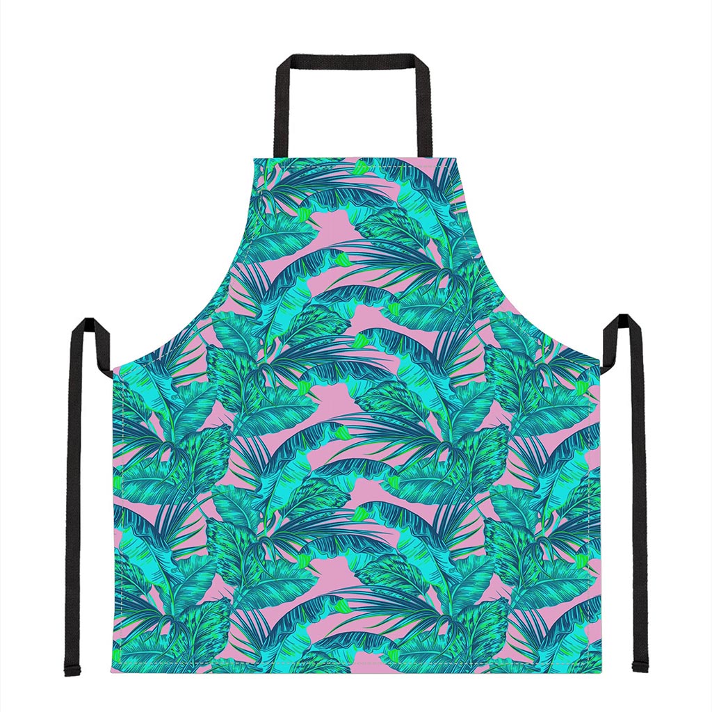 Pink Teal Tropical Leaf Pattern Print Apron