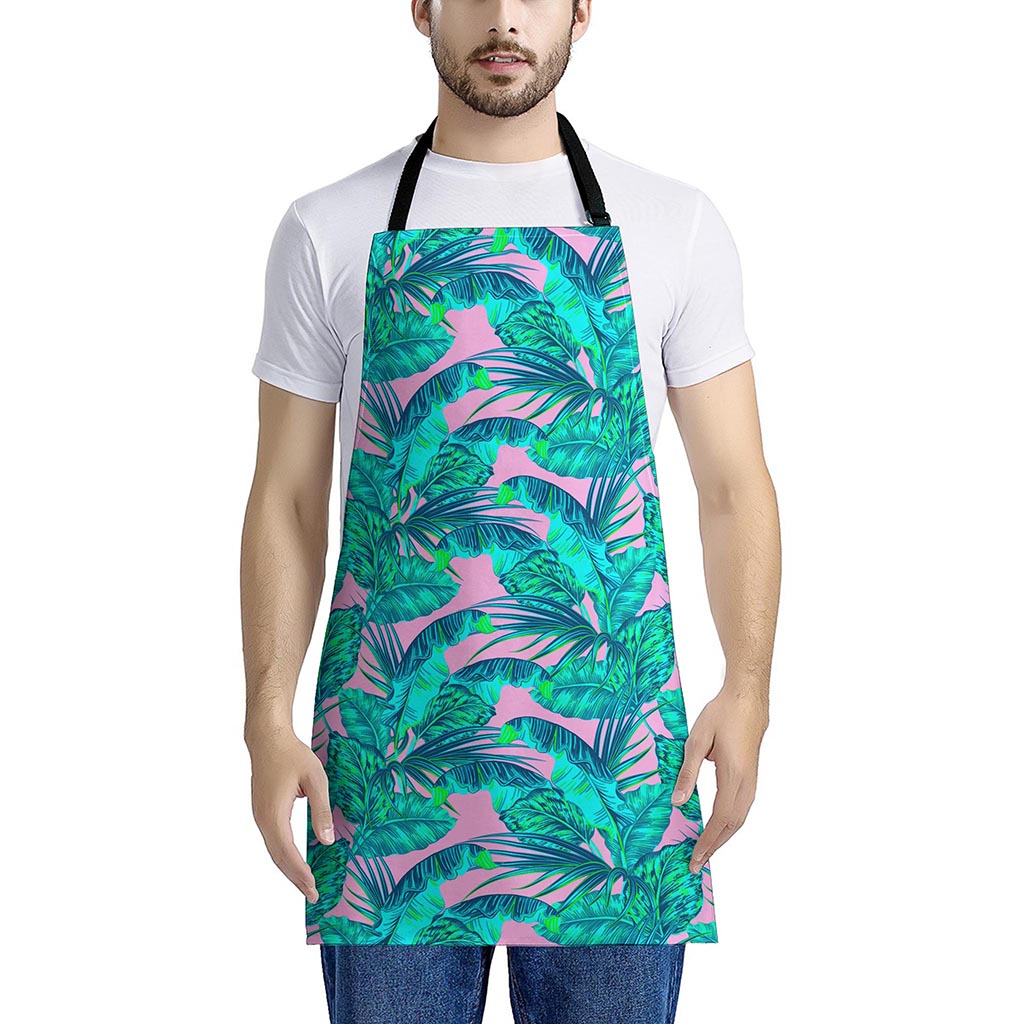 Pink Teal Tropical Leaf Pattern Print Apron