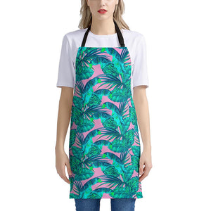 Pink Teal Tropical Leaf Pattern Print Apron