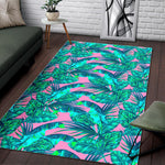 Pink Teal Tropical Leaf Pattern Print Area Rug GearFrost