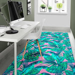 Pink Teal Tropical Leaf Pattern Print Area Rug GearFrost