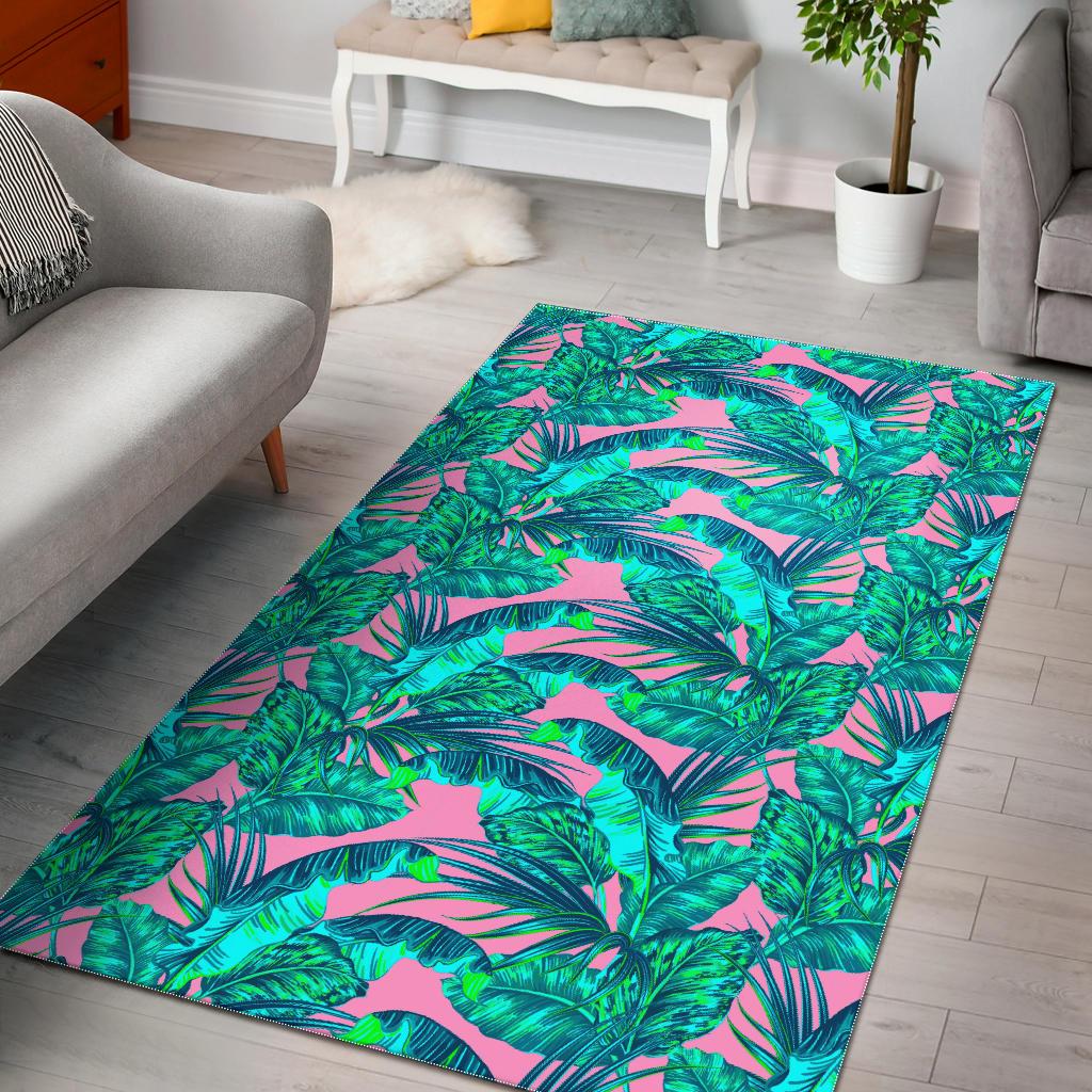 Pink Teal Tropical Leaf Pattern Print Area Rug GearFrost