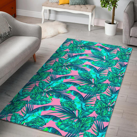 Pink Teal Tropical Leaf Pattern Print Area Rug GearFrost